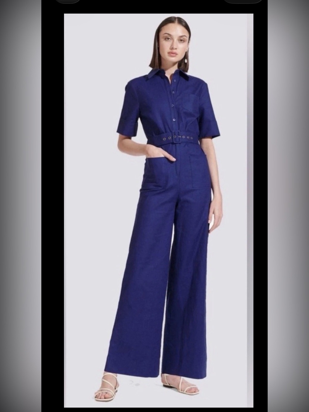 STAUD Zavey Canvas Linen Belted Wide Leg Jumpsuit Midnight Blue 70s Retro Size L
